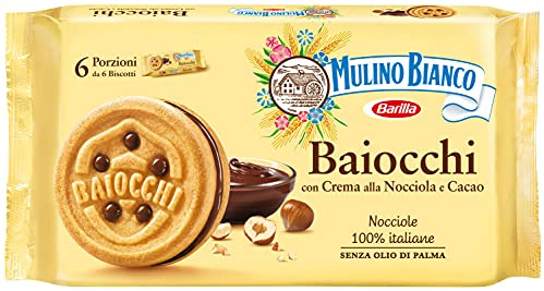 Mulino Bianco Biscotti Baiocchi con Crema alla Nocciola e Cacao per Colazione e Snack Dolce per la Merenda - 6 Porzioni da 6 Biscotti