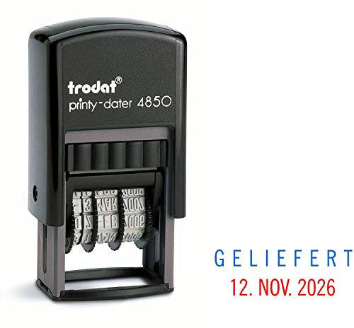 Trodat Printy Dater 4850 Datumstempel mit 2farbigem Kissen blau/rot + Wunschtext, Stempeltext:G E L I E F E R T