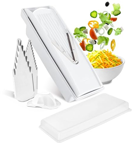 Swissmar V-Prep™ Mandoline Slicer – Versatile Kitchen Slicer for Julienne, Shred, Cube & Slice – Includes Multi-Function Bowl & Safety Holder – Essential Kitchen Gadget – White
