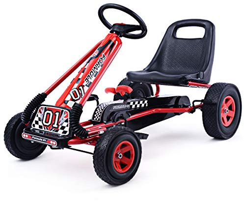 Costzon Go Kart for Kids, 4 Wheel Off-Road Pedal Go Cart w/Adjustable Seat, Steering Wheel, 2 Safety Brakes, EVA Rubber Tires, Ride-On Toys for Boys & Girls, Outdoor Racer Ride On Pedal Car (Red)