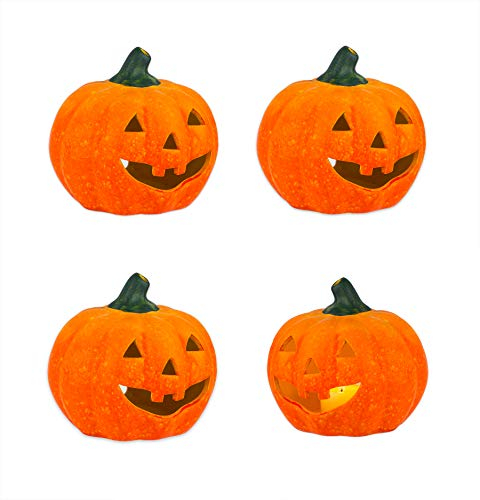 BigDean 4er Set Halloween-Kürbis Windlicht groß - HxD: ca. 13x14 cm - Zierkürbis als Herbstdeko - Aus Keramik - Mit Öffnung für Teelichter - Mottoparty-Deko