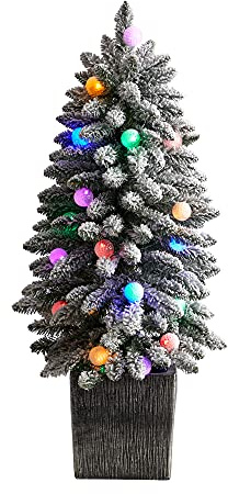 Nearly Natural 3ft. Flocked Highland Fir Artificial Christmas Tree with 127 Bendable Branches and 20 LED Globe Lights in Decorative Planter