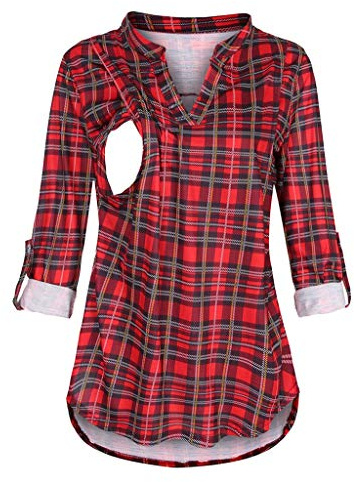 Chaconka Camisa de lactancia para mujer, de manga larga, cuello redondo, camiseta a cuadros sólidos, talla grande Atuomna invierno, Rojo a cuadros, S