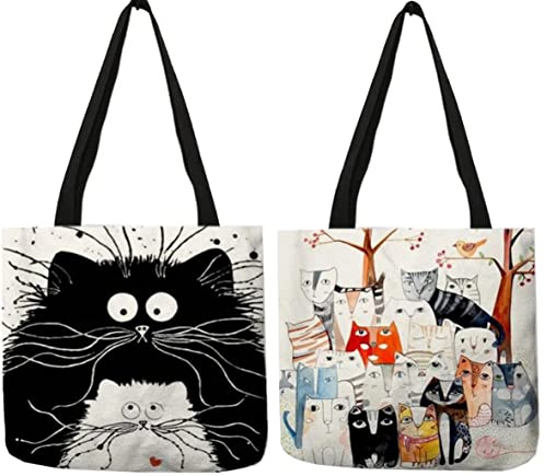 Rayson Borsa Gatto Tote in Tela Set di 2 Pezzi Cotone e Lino 40x40 Cm Borse Shopper Donna Grande Capacità Ecocompatibile Riutilizzabile Lavabile Shopping Bag Portante 10 Kg