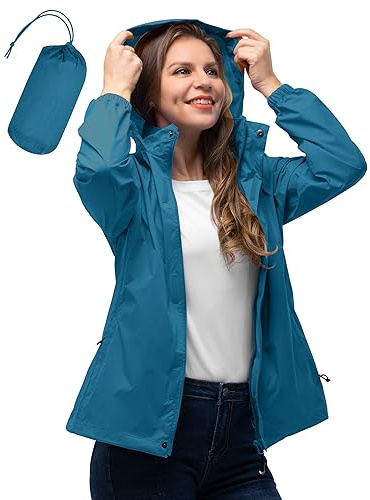 33,000ft Women's Lightweight Rain Jackets Hooded Breathable Packable Running Raincoats Active Trench Windbreaker with Hideaway Hood for Cycling Hiking (Morocco Blue-XL/UK 16)