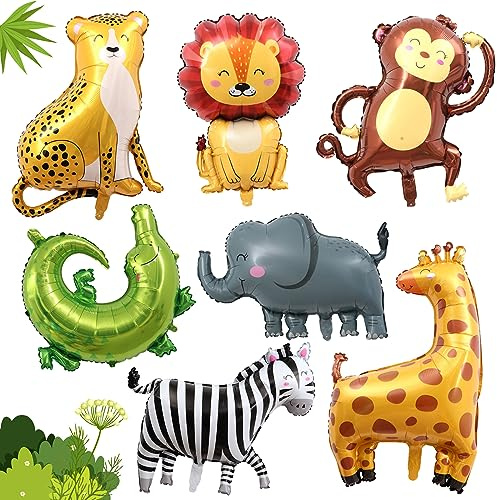 Skogsdjur födelsedag, folieballong, 7 stycken, ballongdjur, tiger, lejon, apa, zebra, giraff, heliumballonger, skogsdjur, födelsedag, dekoration, barnfödelsedag, dekoration för barn, pojkar, flickor