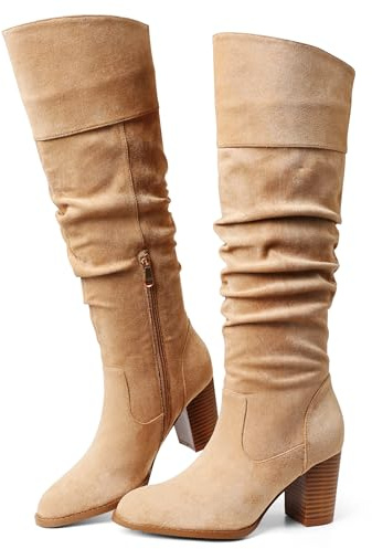 Erocalli Suede Knee-High Boots Fall Boot For Women Chunky Block High Heel Slouch Fashion Boot Round Toe Side Zipper