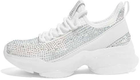 LUCKY STEP Girls Rhinestone Slip On Sneakers Kids Sparkly Lightweight Tennis School Knit Jelly Sole Glitter Walking Shoes Toddler (White Rhinestone, 1US-32EU-13UK)
