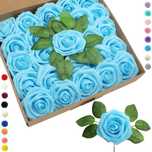 25 rose artificiali blu cielo in schiuma con steli, decorazione floreale per compleanno, torta nuziale, festa, giardino, artigianato, doccia, matrimonio, San Valentino