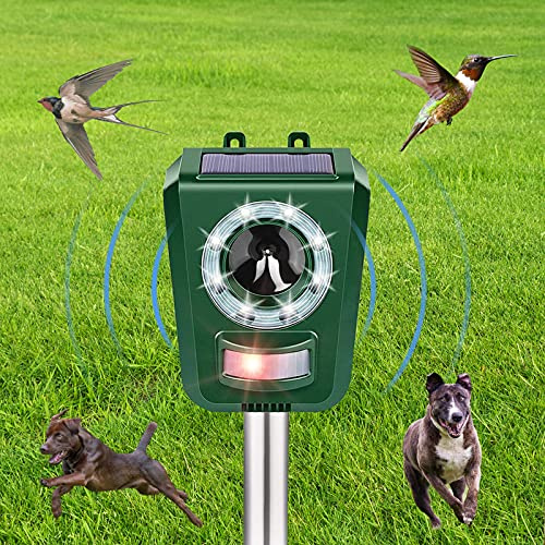 Cowiewie Repelente de Animales Solares de Control de Depredadores Ultrasónico Ahuyentador de Perros, Palomas, Pájaros, Perros, Ratones, Zorros, Disuasión Solar 5 Modos IP45 Impermeable con LED Interm