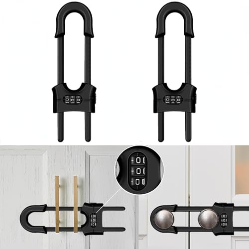 Paquete de 2 cerraduras reutilizables para armarios, cerradura deslizante de seguridad para niños, cerraduras de combinación de contraseña de 3 dígitos ajustables en forma de U para armarios de cocina
