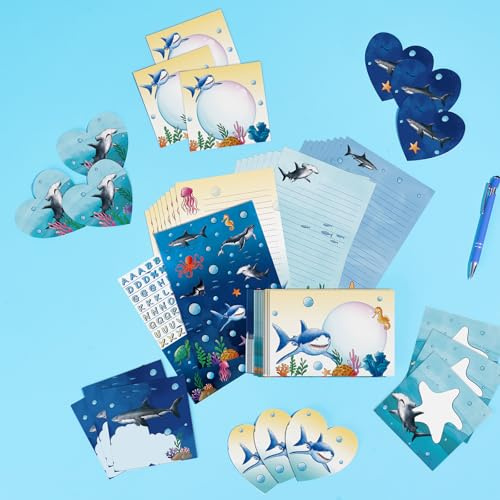 WERNNSAI Ensemble de papeterie pour Shark Kit de papeterie pour adolescents Kit de papier océanique Shark Paper Set d'écriture de lettres Feuilles d'écriture avec enveloppes