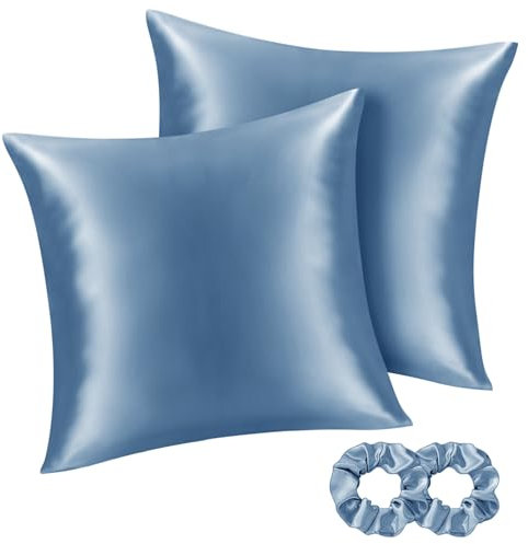BEDELITE Satin Kissenbezug 80x80 Blau - Kopfkissenbezug 2er Set Weich wie Seidenkissenbezug 80 x 80 Sommer mit 2 Haargummis für Haar und Haut, Similar to Silk Pillowcase Pillow Cover