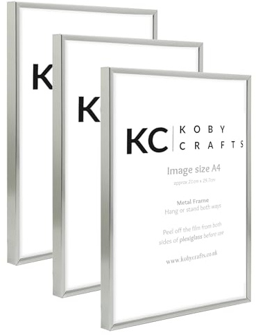 Koby Crafts Pack of 3 Silver Picture Frames for A4 Images 21x29.7cm | 3 Pack Aluminium Metal Photo Frames | Tabletop or Wall Mount, Free Stand or Hang Portrait/Landscape