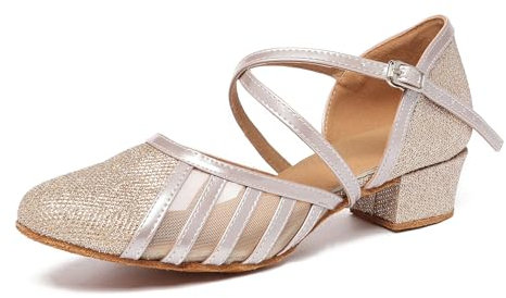 MINITOO Women's Latin Salsa T-Strap Closed Toe Synthetic Ballroom Dance Shoes Evening Wedding Pumps L2044 Champagne 3.5cm Heel UK 7.5