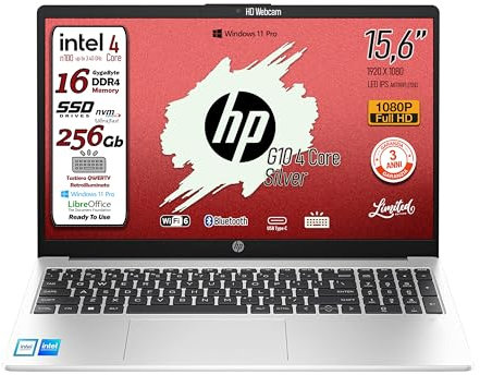 HP 250 G10 Notebook portatile, Ram 16GB, SSD 256Gb, Display FullHD 15.6, Cpu Intel N100 4Core fino a 3,4 GHz, tastiera retroilluminata, Win 11 Pro, 3 anni di garanzia, pronto All'uso, Italia