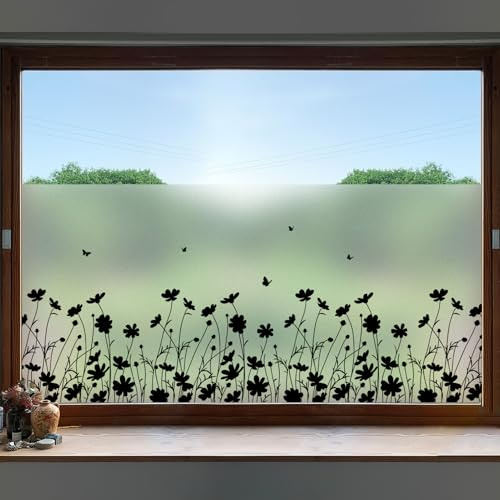dktie Window Film Privacy Vinyl Frosted Window Film No-Glue Black Window Film Removable Flowers Static Cling Films for Kitchen, Bathroom, Kids Room 44.5X200CM