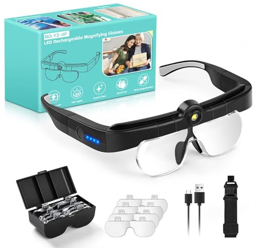 NZQXJXZ Magnifying Glasses with Light & 3 Color Temperatures, Rechargeable Hands-Free Headband Magnifier with 1.5X 2.5X 3.5X 5X Interchangeable Lenses for Reading, Crafts, Jewelry, Watch Repair