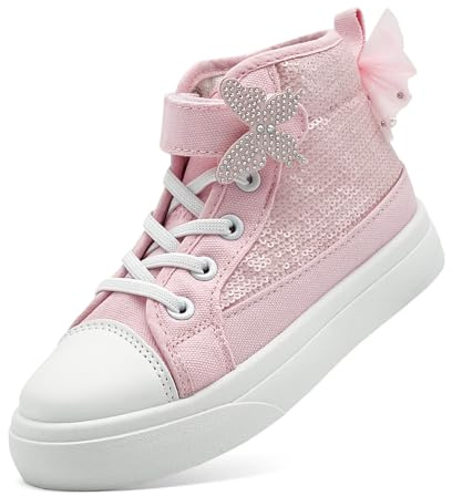 sharllen Girls Trainers Kids High Top Canvas Shoes Glitter Sequins Pumps | Bowknot, Easy Fasten, Lightweight, Casual Sneakers, Non-Slip, Breahtable