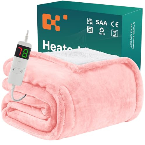 BOMOVA Coperta riscaldata spegnimento automatico,soffice coperta natalizia,10 impostazioni di calore e timer da 5 ore,regalo per donna, decorazione natalizia per letto/divano,130x180cm,rosa chiaro