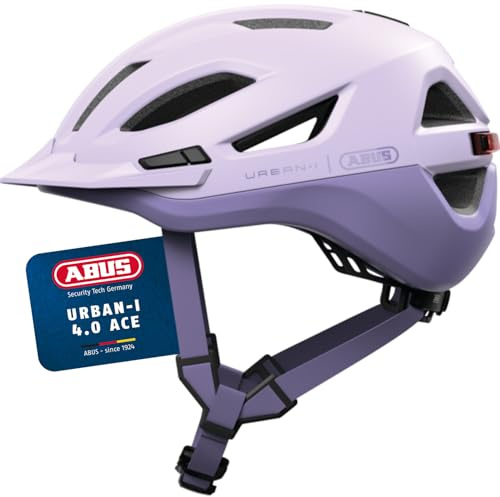 ABUS Casco da città Urban-I 4.0 ACE - Casco da bicicletta con luce posteriore ricaricabile, 4 modalità di illuminazione, visiera e chiusura magnetica - per donne e uomini - taglia L, viola