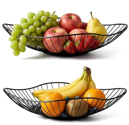 Zbozzba Set di 2 cestini per frutta in metallo, moderni, in metallo, con design a cavità, per la casa, elegante regalo, per feste, colore nero