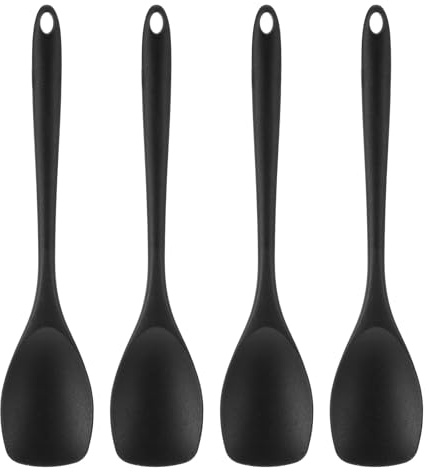 HJZHII 4 Stück Kochlöffel, 27cm Rührlöffel Schwarz Silikon Kochlöffel Silikonlöffel Servierlöffel Antihaft Langen Griff Silikonlöffel Rührlöffel Küchenutensilien Küchenhelfer für Kochen Backen Rühren