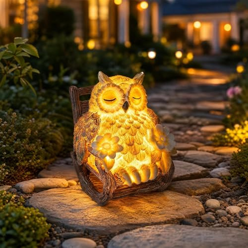 HENGBIRD Búho solar, 11 x 9 x 8 cm, figura solar de jardín, búho, resina resistente a la intemperie, decoración con ojos luminosos de color ámbar y sensor crepuscular para jardín, balcón, terraza