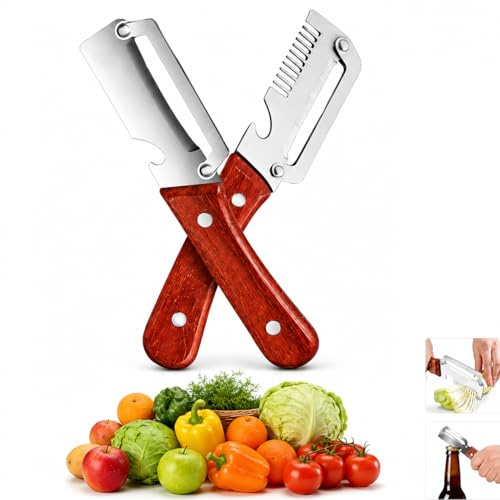 Pelapatate Multifunzione – Coltello Cucina 3-in-1 Lama Acciaio Inox, Manico Legno Ergonomico, Affetta Julienne e Apribottiglie per Verdure e Frutta