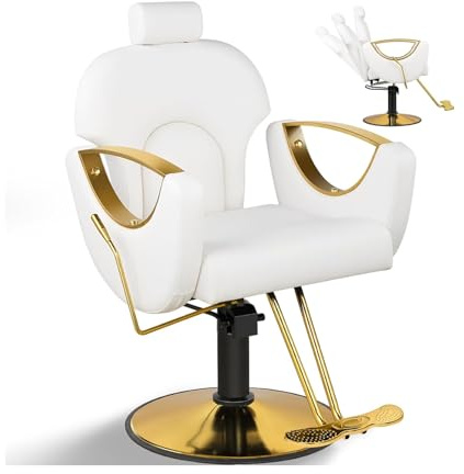 Drmilito Silla de peluquería Sillón Profesional Silla Barberia Blanco | Giratoria 360°con Altura Regulable Reposacabezas Ajustable y Reposapiés para Salón de SPA y Belleza, Barbería, Carga 150 kg