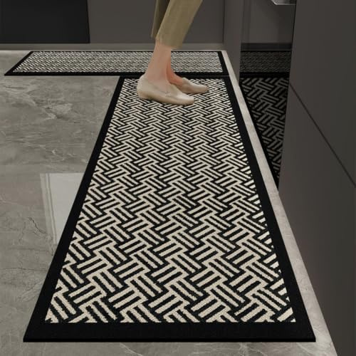 Alfombra Cocina 50X80Cm Línea Negra Alfombra Vinilica Cocina Cuero,Modernas Lavable Antideslizante Anti Fatiga para Pasillo, Comedor,Hogar Alfombrilla Cocina