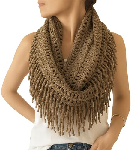 stylesilove Women Cozy Knit Tassel Infinity Loop Scarf - 8 Colors (Mocha)