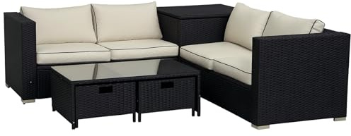 Outsunny 4 Pieces Rattan Garden Furniture Set, 4 Seater Corner Sofa Set with Storage Box, 2 Drawers Coffee Table, Loveseats with Cushions, Wicker Garden Conservatory Furniture for Balcony, Black