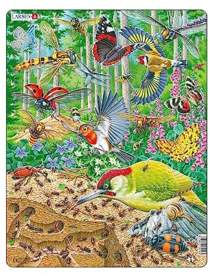 Larsen Puzzle FH46 Das Leben auf dem Waldboden, Alter 3–6, Rahmenpuzzle für Kinder, 40 Teile, naturgetreue Waldtiere, fördert Lernen & Feinmotorik