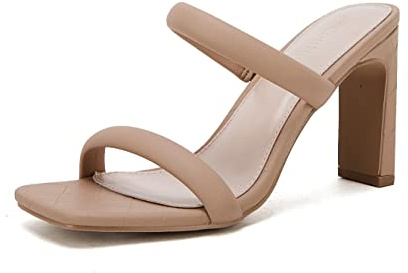 Coutgo Womens Square Open Toe Heeled Sandals Two Strap high Heel Backless Dress Slip On Mules