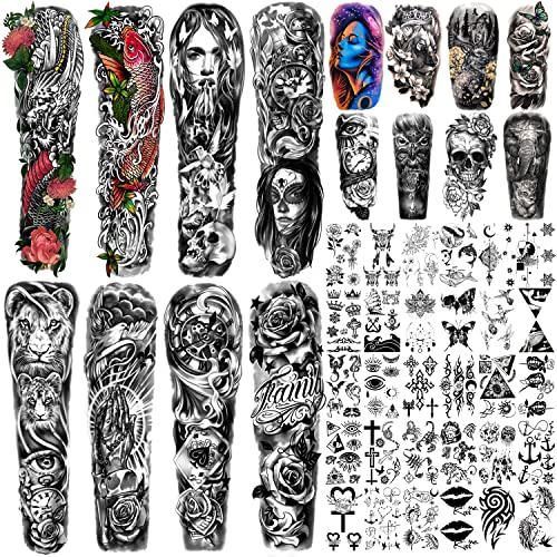 Metuu 46 hojas de tatuajes temporales impermeables de brazo completo para hombres y mujeres (L22.8”xW7”), león dragón reloj flor esqueleto antebrazo hombro falso tatuaje pegatinas para adolescentes
