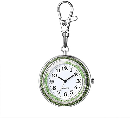 JewelryWe Key Chain Watch Rhinestone Round Quartz Pocket Watch FOB Clip-on Belt Watch Novelty Key Ring Watches for Men Women