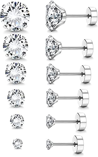 LOLIAS 6 Paia Orecchini Acciaio Chirurgico per Donna Uomo Orecchini Punto Luce Piercing Trago Zirconi Cubici Orecchini a Bottone Anallergico Cartilagine Piercing All'orecchio
