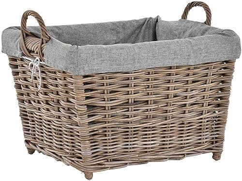 Panier à bûches en rotin tressé avec coutil - Panier à bois stable pour bois (grand, gris naturel)