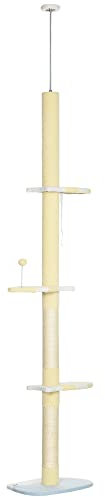 PawHut 260cm Floor to Ceiling Cat Tree, Height Adjustable Kitten Tower with Anti-slip Kit, Multi-Layer Activity Centre w/Fish-shaped Perches Scratching Post Ball Toy - Yellow