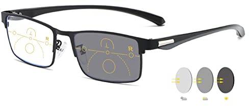 VEVESMUNDO Selbsttönende Lesebrille Sonnenlesebrille Getönt Metall Multifokale Lesehilfe Sehhilfe Blaulichtfilter Gleitsichtbrille mit Sonnenschutz für Damen Herren (Schwarz, +2.5)