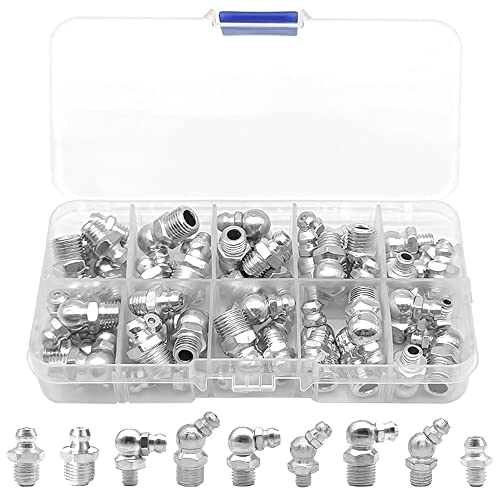 GYSRXS 45 Piezas Surtido de Engrasadores para Prensas de Engrase Kits de Surtido de Accesorios de Engrasador de Hierro galvanizado M6 M8 M10 Recto y en ángulo de 45°90°180°