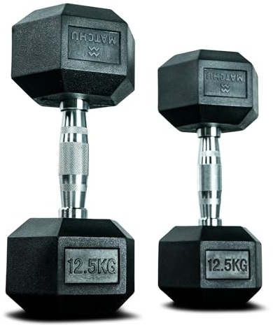 Matchu Sports | Haltères | Haltères Hexa | Lot de 2 | Disponible en 5, 7.5, 10, 12.5, 15, 17.5 et 20 KG | Caoutchouc | Noir (Noir - 12.5 KG)
