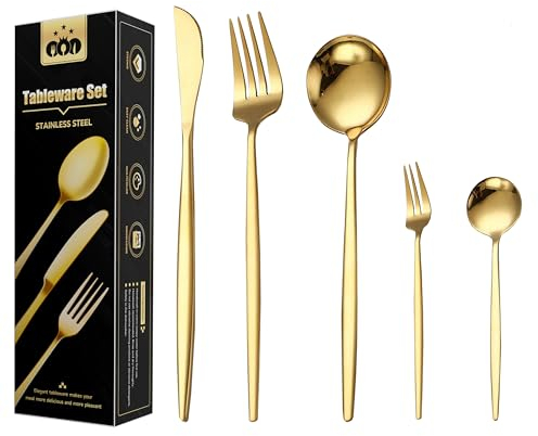 Wivico Posate Oro,Set Posate 6 Persone,30 Pezzi Set Posate Acciaio Inox,Posate Dorate Set Forchette Cucchiai e Coltelli,Coltello,Forchetta, Cucchiaio,Posate Colorate,Lavabile in Lavastoviglie