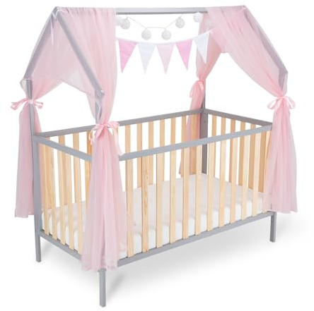 FabiMax Kinderbett Hausbett Schlafmütze, 120x60 cm, aus Kiefernholz grau/Natur lackiert, mit rosaner Deko