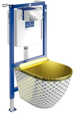 ViConnect H112 - Elemento da parete per WC da incasso con pannello di controllo + sospensione a parete per WC Sofi Slim Checked Gold senza bordi | Set completo | Cassetta di risciacquo da incasso | WC