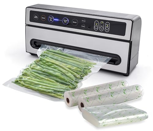 Solis Vakuumierer VertiVac Plus mit Pulse- und Marinierfunktion, Vorteilspack mit kompostierbaren Folien und Beuteln, Vakuumiergerät für Lebensmittel, Küchen Zubehör ideal für Sous Vide, silber