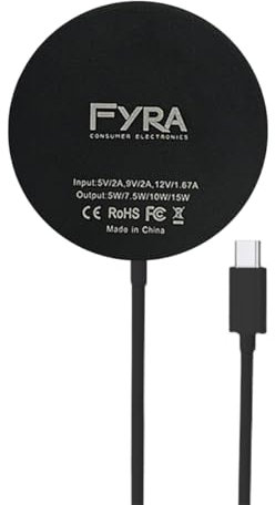 Fyra - Cargador Inalámbrico Magnético para iPhone 15/15 Pro/15 Pro Max/14/13/12. Cable de Carga a USB-C, Cargador rápido por inducción Incluido. Adaptador Tipo C a USB Incluido