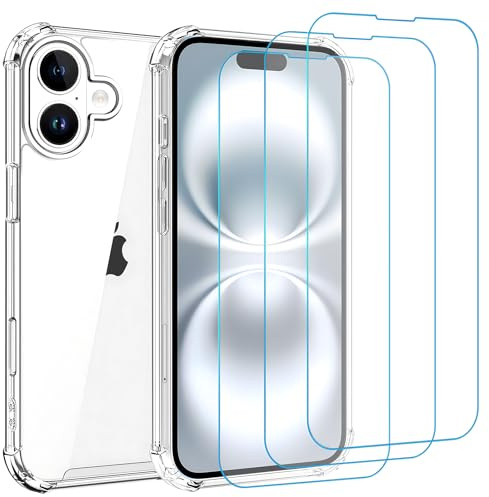 Whioltl Case for iPhone 16 with 3 Pack Tempered Glass Screen Protectors, Crystal Clear Case for iPhone 16 6.1 inches, Anti-Scratch and Shock-Absorption Basic Phone Case, 4 in 1, Transparent