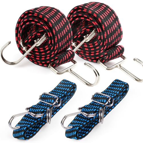 Expander mit Haken,4er-Set 1M Gepäckspanner,Spanngummi mit Haken,Verstellbar Spanngurte,Breit Flach Gummiseil für Fahrrad Dachträger Motorrad Camping(Blau,Rot)